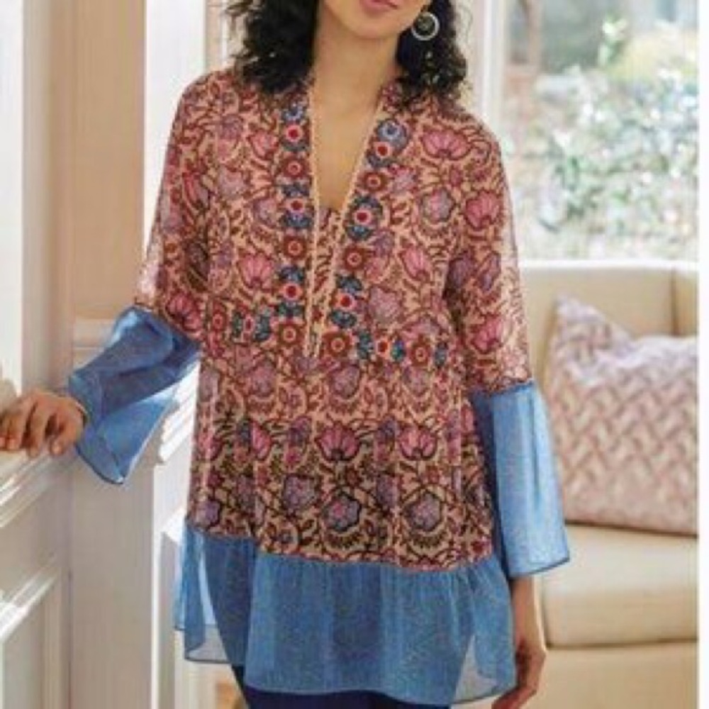 Soft Surroundings Pergola Boho Crochet Embroideres Beaded Floral Blouse Tunic M